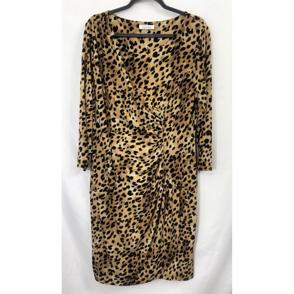 Calvin Klein Leopard Animal Print Faux Wrap Dress Womens Size XL Stretch